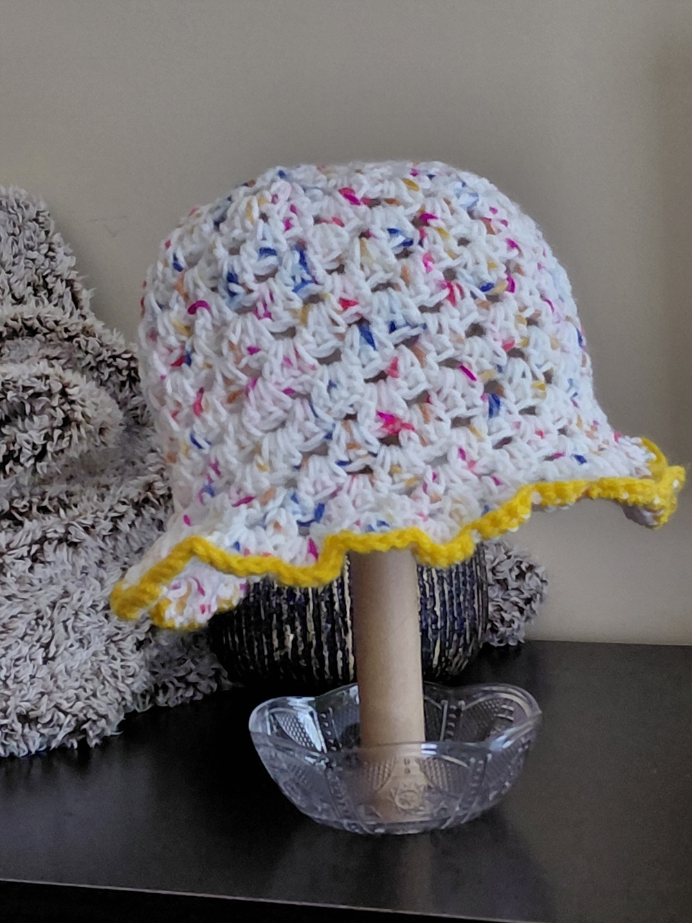 Handmade White Crocheted Bucket Hat with Yellow Trim